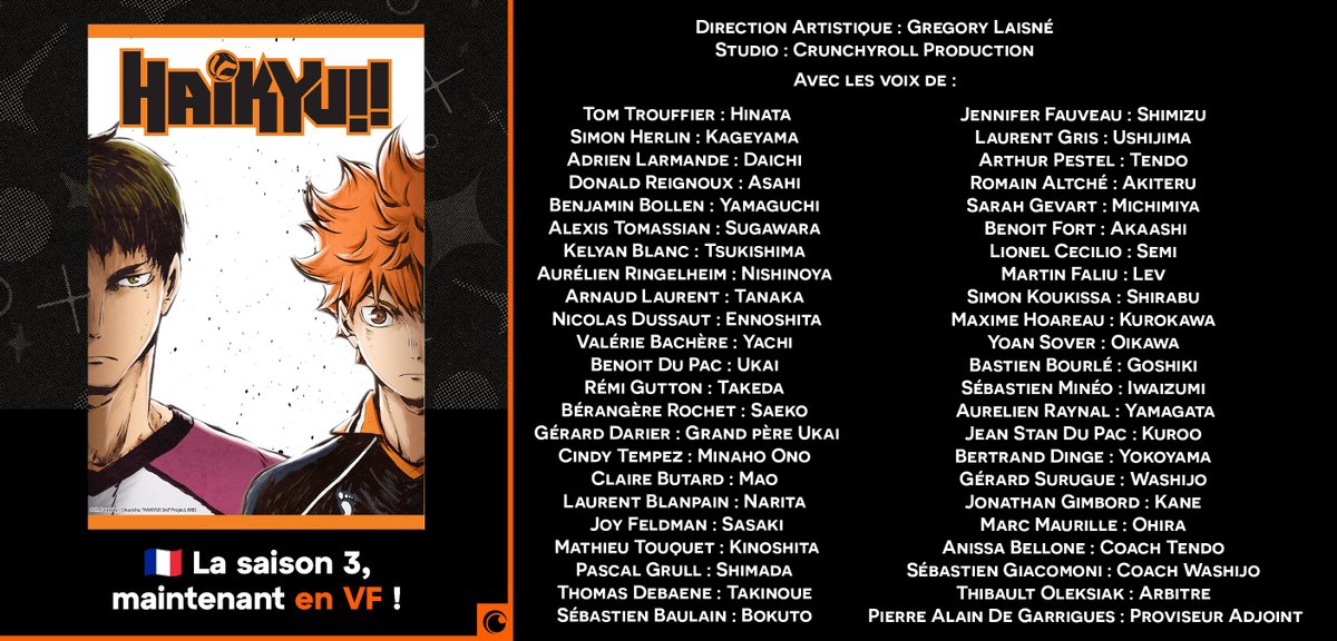 Bastien D. Fry (@bastiendruker) on Twitter photo Carton de doublage de la Saison 3 de Haikyu !! dirigé par <a href="/GregLaisne/">Grégory Laisne</a>
Avec <a href="/simoncomedien/">Simon Herlin 🎙️🎭</a> <a href="/DonaldReignoux/">Donald Reignoux</a> <a href="/alexistomassian/">alexistomassian</a> <a href="/KelyanBlanc/">KelyanVF ⚡️</a> <a href="/ArnaudLcomedien/">Arnaud Laurent</a> <a href="/NicolasDussaut/">Nicolas Dussaut</a> <a href="/RGutton/">Rémi Gutton</a> <a href="/L_Blanpain/">Laurent Blanpain</a> <a href="/MathieuTouquet/">Mathieu Touquet</a> <a href="/arthur_pestel/">Pestel Arthur</a> <a href="/Benoit_Fort/">Benoît Fort-Junca</a> <a href="/YoannSover/">Yoann Sover</a> et <a href="/PADG_officiel/">PADG</a> Carton de doublage de la Saison 3 de Haikyu !! dirigé par <a href="/GregLaisne/">Grégory Laisne</a>
Avec <a href="/simoncomedien/">Simon Herlin 🎙️🎭</a> <a href="/DonaldReignoux/">Donald Reignoux</a> <a href="/alexistomassian/">alexistomassian</a> <a href="/KelyanBlanc/">KelyanVF ⚡️</a> <a href="/ArnaudLcomedien/">Arnaud Laurent</a> <a href="/NicolasDussaut/">Nicolas Dussaut</a> <a href="/RGutton/">Rémi Gutton</a> <a href="/L_Blanpain/">Laurent Blanpain</a> <a href="/MathieuTouquet/">Mathieu Touquet</a> <a href="/arthur_pestel/">Pestel Arthur</a> <a href="/Benoit_Fort/">Benoît Fort-Junca</a> <a href="/YoannSover/">Yoann Sover</a> et <a href="/PADG_officiel/">PADG</a>