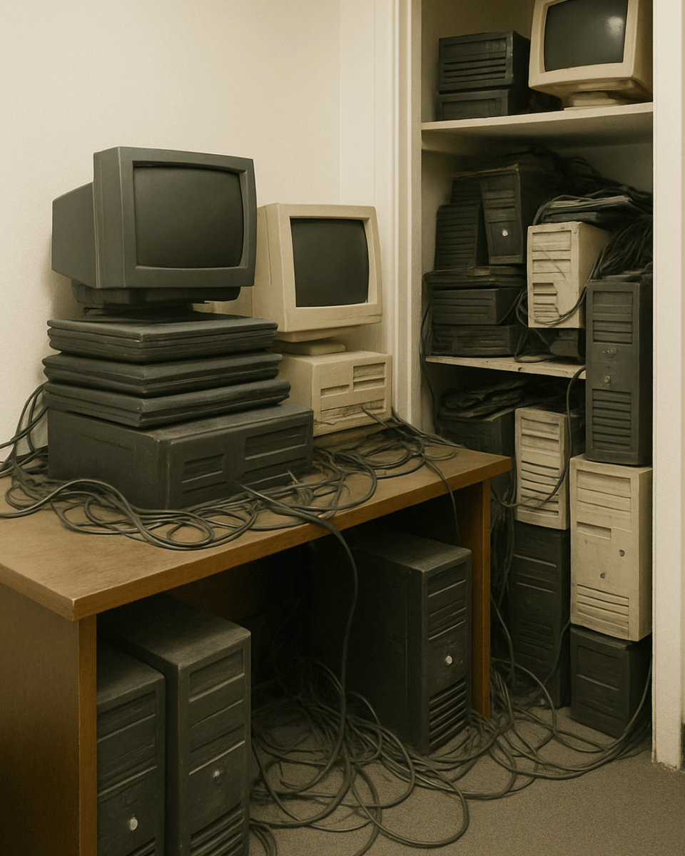 eSmartRecycling's tweet photo. Before:
That office corner. The closet nobody wants to open. The desk “temporarily” taken over by towers, laptops, cables, monitors—left unused for years. https://t.co/86trSfHnVp