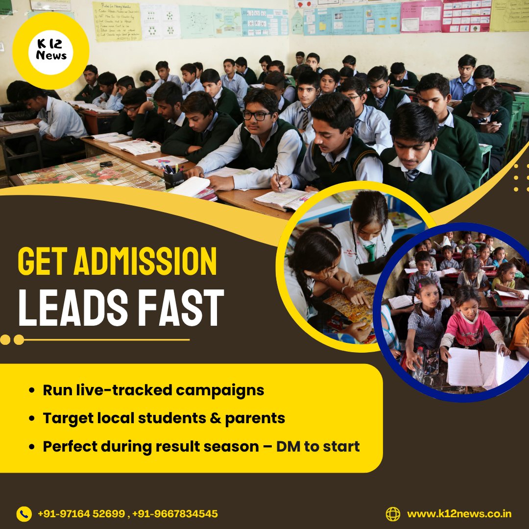 K12NewsIndia's tweet photo. 🎯 𝐆𝐞𝐭 𝐀𝐝𝐦𝐢𝐬𝐬𝐢𝐨𝐧 𝐋𝐞𝐚𝐝𝐬 𝐅𝐚𝐬𝐭!
📈 Live-tracked campaigns
📍 Target local students &amp; parents
🎓 Perfect for result season—DM now to boost your school!
#SchoolAdmissions #CBSEResults #ICSEResults #TopSchoolsIndia #K12News https://t.co/93vub0qH3v