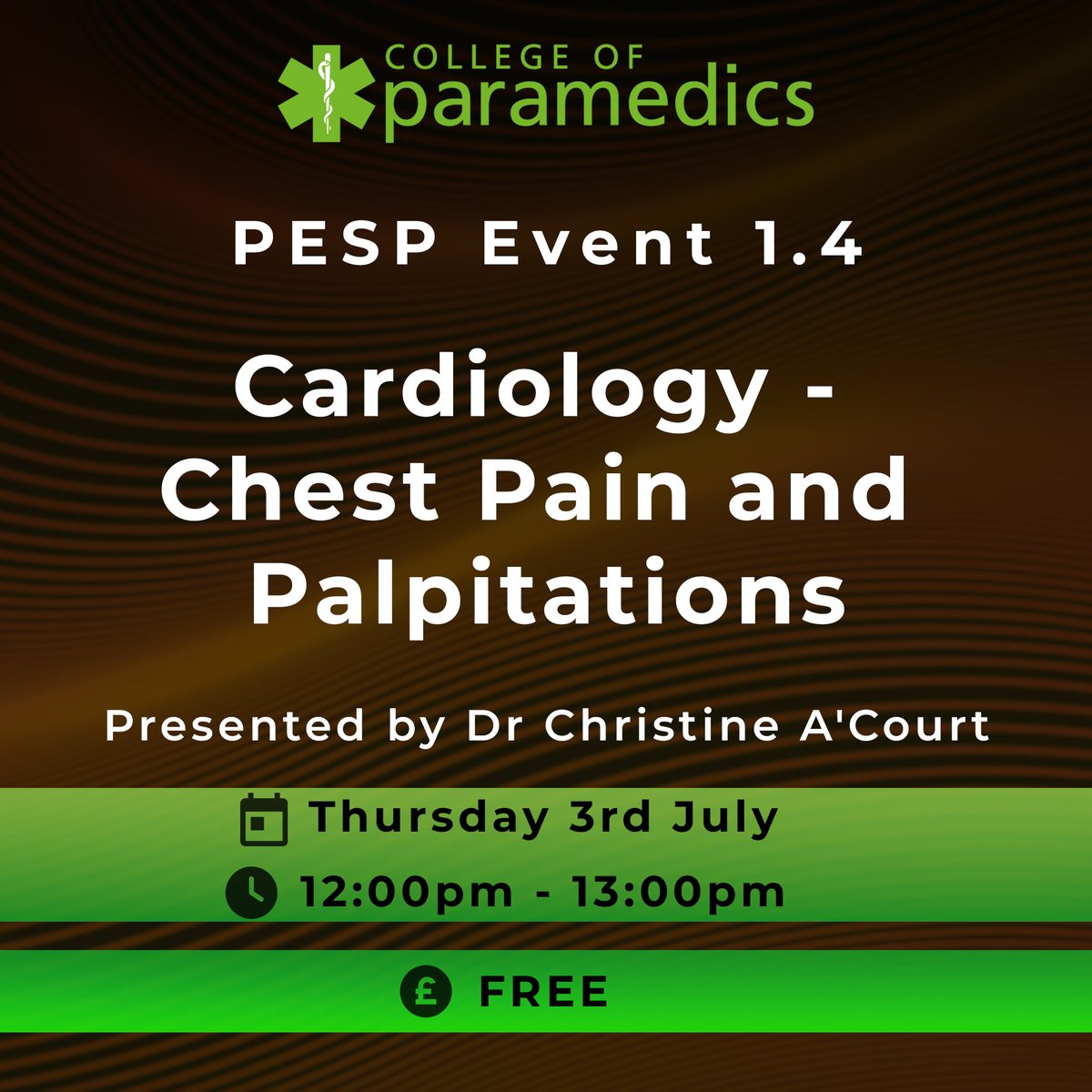 🚨 PESP continues on Thursday 3rd July 2025 (12:00-13:00) with a Cardiology session by Dr Christine A'Court.

🗣️ Her session ‘Chest Pain and Palpitations’ will help develop your assessment and management skills specifically for primary care. 

More info ➡️ bit.ly/3HO9ddg