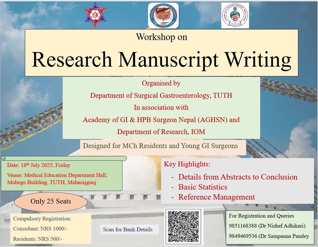 We are organizing Workshop on Manuscript Writing!!
Meant for young GI Surgeons and MCh residents.
Interested ones, please register ASAP.
<a href="/aghsn/">Aghsn</a>