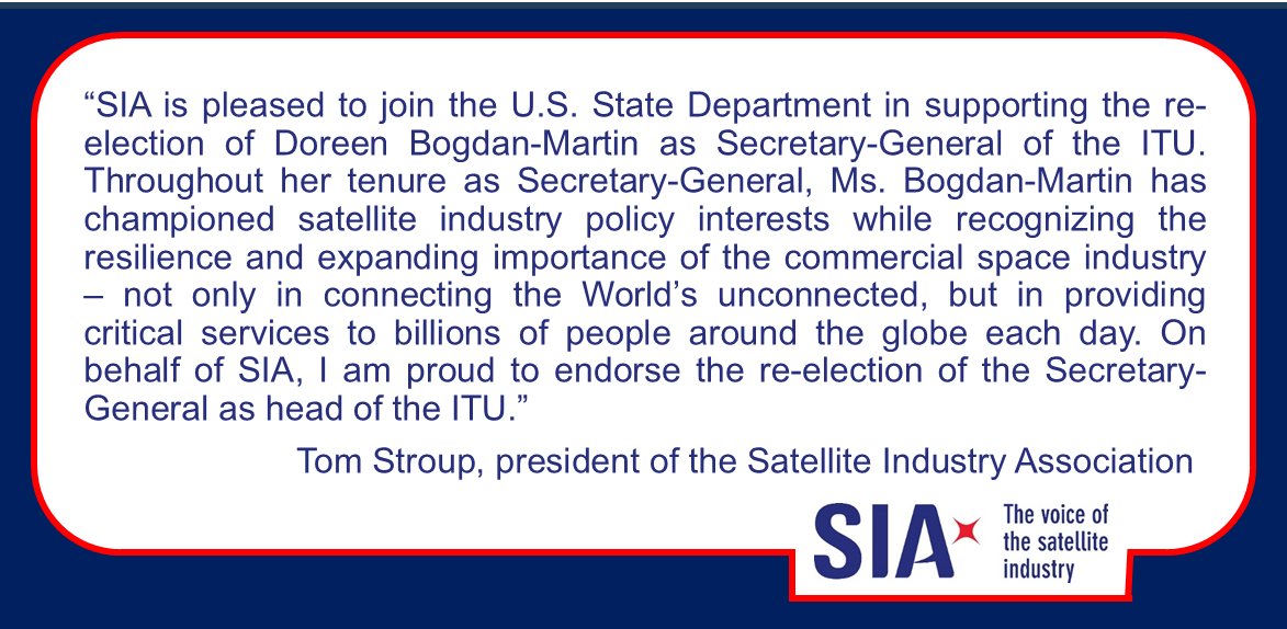 SIA (@sia_satellite) on Twitter photo Press Release - SIA Strongly Endorses Re-Election of <a href="/DoreenBogdan/">Doreen Bogdan</a> as Secretary-General of the <a href="/ITU/">Intāl Telecommunication Union</a>. Read the details at sia.org/wp-content/upl⦠Press Release - SIA Strongly Endorses Re-Election of <a href="/DoreenBogdan/">Doreen Bogdan</a> as Secretary-General of the <a href="/ITU/">Intāl Telecommunication Union</a>. Read the details at sia.org/wp-content/uplā¦