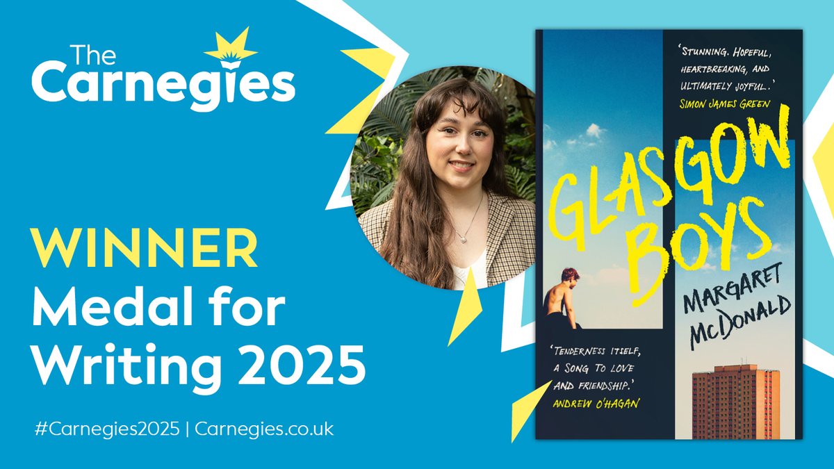 Huge congratulations to Margaret McDonald who has won the Carnegie Medal for Writing with her extraordinary debut novel, #GlasgowBoys.  #Carnegies2025

<a href="/CarnegieMedals/">The Carnegies</a>
<a href="/CILIPinfo/">CILIP</a>