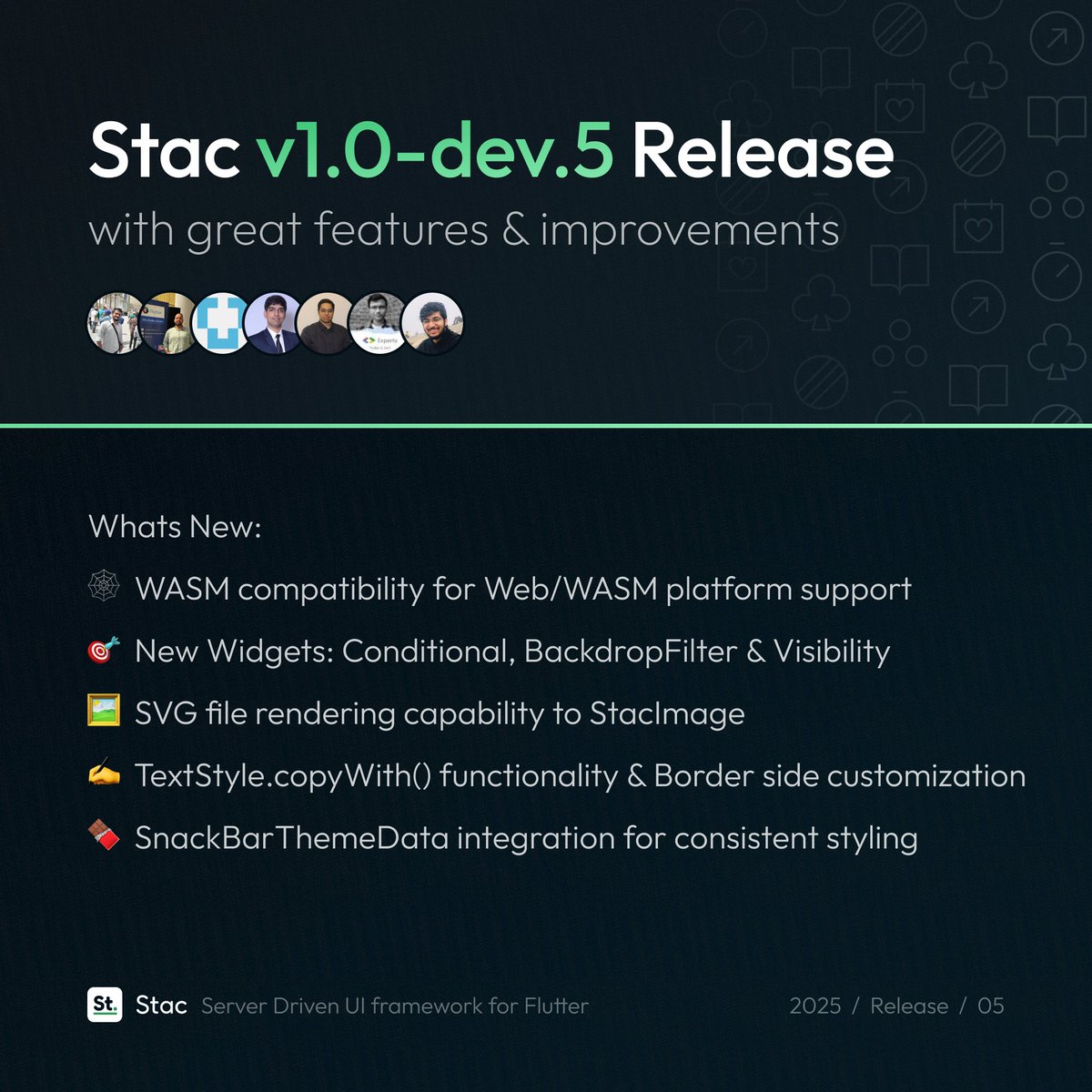 🚨 Stac v1.0.0-dev.5 is out!

• WASM support 🧪
• Conditional widgets 🤖
• SVGs in StacImage 🖼️
• copyWithStyle, BackdropFilter, Visibility
• And more!

Massive thanks to our awesome contributors 💙
🔗 pub.dev/packages/stac/…

#Flutter #StacDev #SDUI