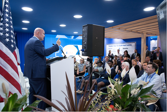 USAmbNATO's tweet image. America’s entrepreneurial spirit and our history of innovation have long strengthened our national security and bolstered our Alliances. 

At the #ParisAirShow, I spoke with executives from the American defense industry eager to talk cutting-edge tech and how to keep @NATO’s