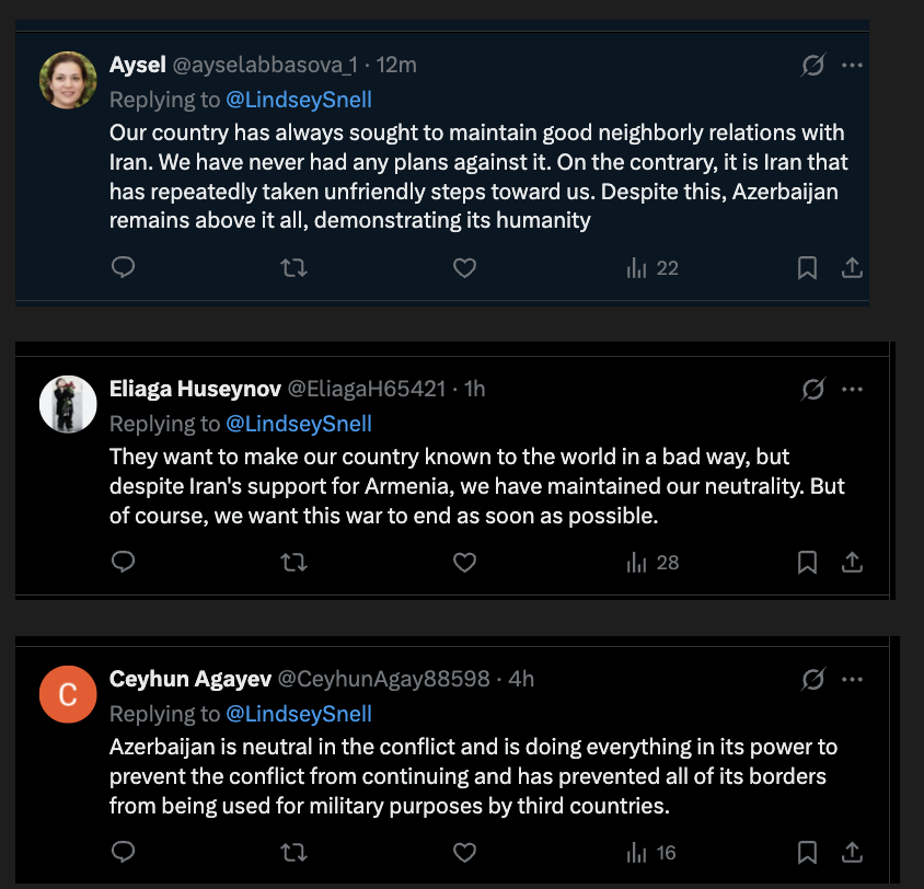 Amid reports that it’s aiding Israel, Azerbaijan has bots scrambling to declare its neutrality in the Israel-Iran war.

As we saw in the 2020 war and AZ's subsequent incursions, AZ has a track record of unleashing bots to dispute inconvenient realities.