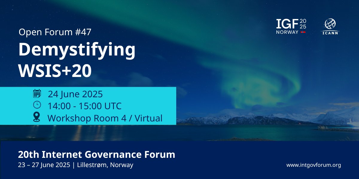 Understanding #WSIS+20 is mission-critical.
Join #ICANN &amp; <a href="/FinGovernment/">Finnish Government</a> at #IGF2025 for Open Forum #47: “Demystifying WSIS+20”: bit.ly/43ELwvl
We’ll review WSIS milestones, highlight the technical community as a pillar; and connect to #SDGs &amp; the Global Digital Compact.
