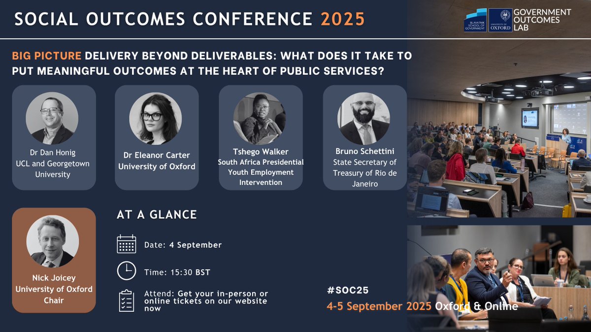 Government Outcomes Lab (@golaboxford) on Twitter photo 📢Delivery Beyond Deliverables: Putting Meaningful Outcomes at the Heart of Public Services at #SOC25
Featuring experts from <a href="/ucl/">UCL</a> <a href="/Georgetown/">Georgetown University</a> <a href="/NYDARSA/">NYDARSA</a>
<a href="/UniofOxford/">University of Oxford</a> <a href="/rambletastic/">Dan Honig (DanHonig.bsky)</a>
🎫 Book your tickets NOW: lnkd.in/dAqUXTcf
➡️Programme: lnkd.in/eDhetPNh 📢Delivery Beyond Deliverables: Putting Meaningful Outcomes at the Heart of Public Services at #SOC25
Featuring experts from <a href="/ucl/">UCL</a> <a href="/Georgetown/">Georgetown University</a> <a href="/NYDARSA/">NYDARSA</a>
<a href="/UniofOxford/">University of Oxford</a> <a href="/rambletastic/">Dan Honig (DanHonig.bsky)</a>
🎫 Book your tickets NOW: lnkd.in/dAqUXTcf
➡️Programme: lnkd.in/eDhetPNh