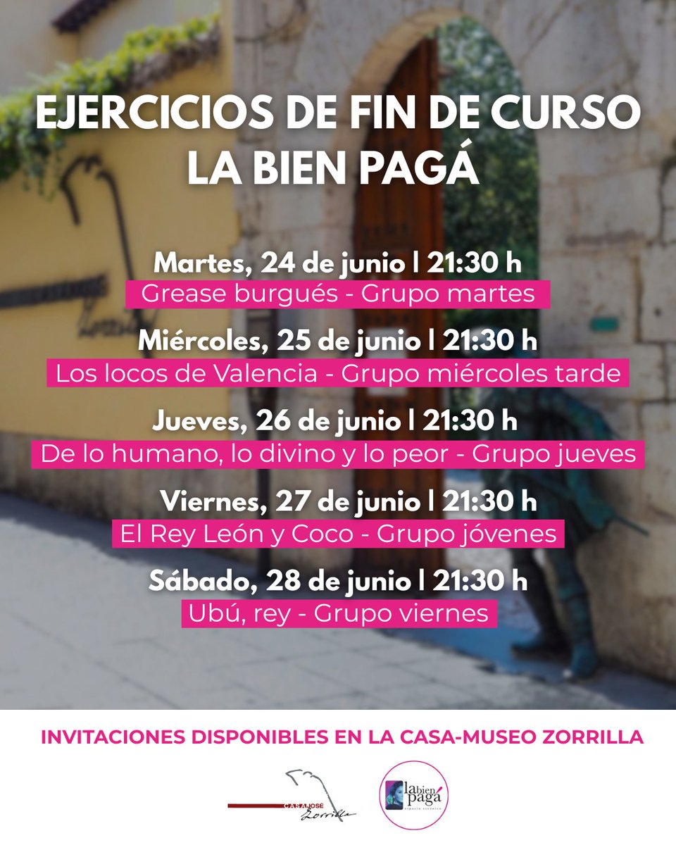 La semana que viene nuestro Jardín Romántico se llena de teatro🎭. Los grupos de teatro de la asociación La Bien Pagá nos presentan sus trabajos de fin de curso 😍

🎟️Recoge tu invitación gratuita de martes a sáb., de 10 a 14 y 17 a 20 h; dom. y festivos, solo por la mañana