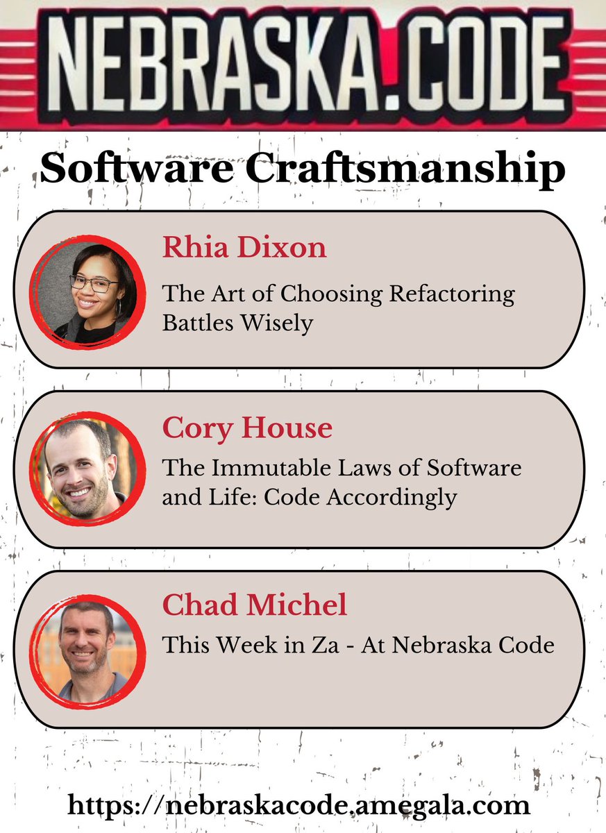 Amegala (@amegala) on Twitter photo <a href="/TheFakeRiRi/">RI Dixon</a>, <a href="/housecor/">Cory House</a> and <a href="/chadmichel/">Chad Michel</a> have Sessions on Software Craftsmanship at Nebraska.Code().
nebraskacode.amegala.com
<a href="/vml_global/">VML</a> <a href="/pluralsight/">Pluralsight</a> <a href="/DontPanicLabs/">Don't Panic Labs</a> #Za #SoftwareCraftsmanship #July #Refactoring #TechConf #Nebraska <a href="/OmahaAzure/">Omaha Azure User Group</a> <a href="/DowntownChamber/">Des Moines Chamber of Commerce</a> <a href="/BlacksInTechOMA/">Blacks In Technology Omaha</a> <a href="/TheFakeRiRi/">RI Dixon</a>, <a href="/housecor/">Cory House</a> and <a href="/chadmichel/">Chad Michel</a> have Sessions on Software Craftsmanship at Nebraska.Code().
nebraskacode.amegala.com
<a href="/vml_global/">VML</a> <a href="/pluralsight/">Pluralsight</a> <a href="/DontPanicLabs/">Don't Panic Labs</a> #Za #SoftwareCraftsmanship #July #Refactoring #TechConf #Nebraska <a href="/OmahaAzure/">Omaha Azure User Group</a> <a href="/DowntownChamber/">Des Moines Chamber of Commerce</a> <a href="/BlacksInTechOMA/">Blacks In Technology Omaha</a>