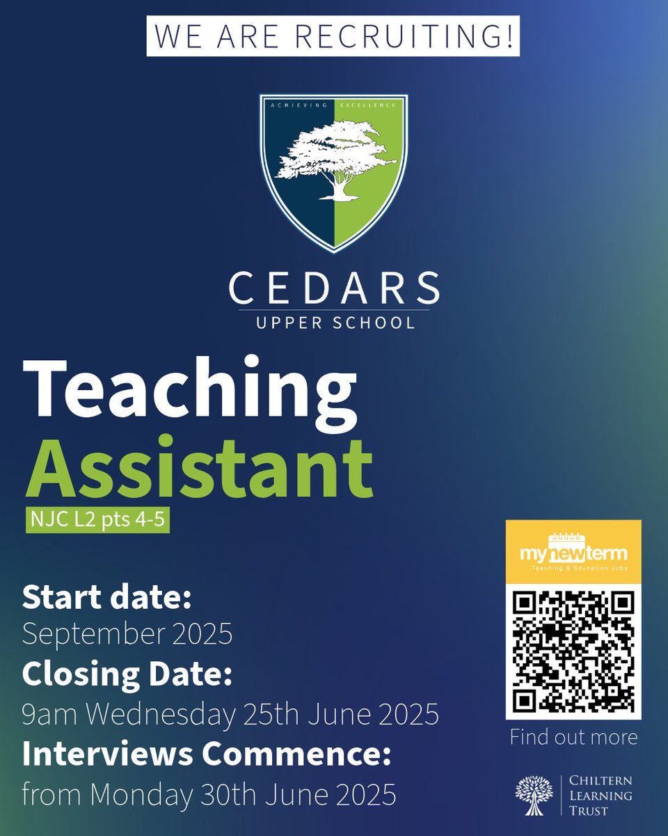 Join our amazing team at Cedars Upper School!  We're on the lookout for a passionate Teaching Assistant to support our students and contribute to their success.
Click the link to apply!
Apply now: mynewterm.com/jobs/137462/ED…