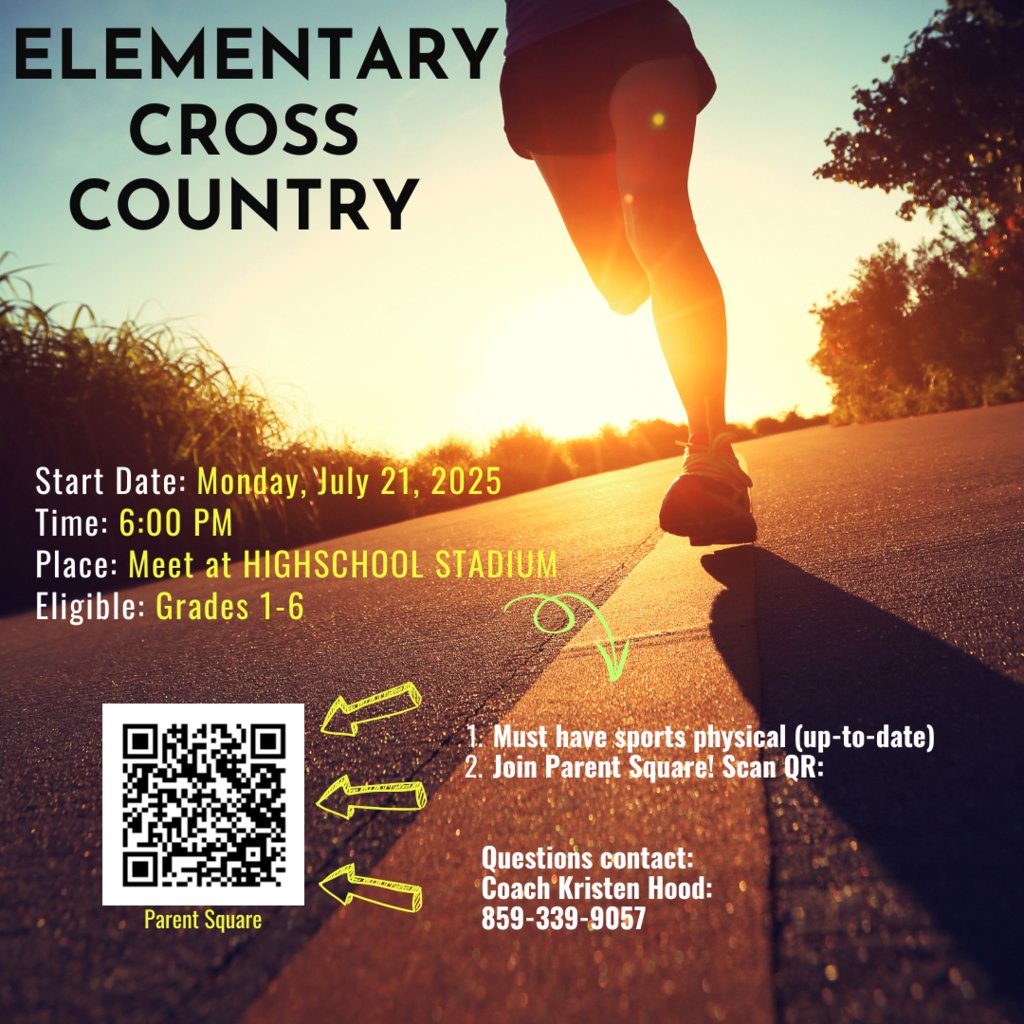 Elementary Cross Country starts July 21, 2025.  
Time: 6PM
Place: Paul Ousley Stadium/High School Multipurpose Field
Eligible: Grades 1-6

Must have up-to-date sports physical. 
Join Parentsquare for updates and info:  parentsquare.com/groups/join/y6…