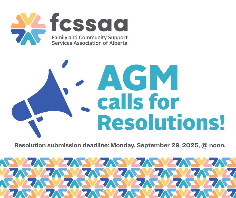 Call for Resolutions for the FCSSAA 2025 AGM! 
View the Call letter: bit.ly/3STH5YA  
View the Resolution Manual: bit.ly/4jSkbvC 
Resolution submission deadline: Monday, September 29, 2025, at noon. 
#AGM #Resolutions #FCSS #FCSSAA #fcssStrongerTogether