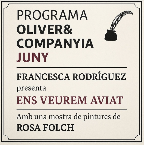 📚🎨 Una tarda de literatura i pintura al #GremiFabricants, dins el programa Oliver &amp; Companyia de <a href="/sbdcultura/">Sbd Cultura</a> 
 
🗓️ Dijous 19/06 · 19h

📘Cesca Rodríguez presenta Ens veurem aviat, Premi Isabel de Villena
🎨 Amb mostra d'obres de Rosa Folch

📍 Carrer Sant Quirze, 30 – Sabadell