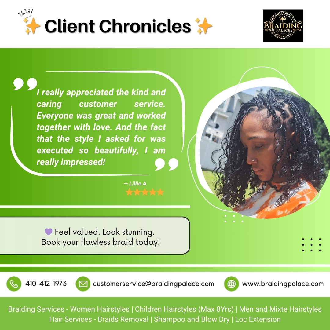 BraidingPalace's tweet image. ✨ Client Chronicles: Lillie A’s Experience ✨

Ready for your next flawless braid? Book with us today!
 braidingpalace.com/services

#TheBraidingPalace #testimonial #BraidingPalace #braidstyle #lightweight #HairBraidingGlenBurnieMd #BraidingServices #GlenBurnieBraid #BaltimoreBraids