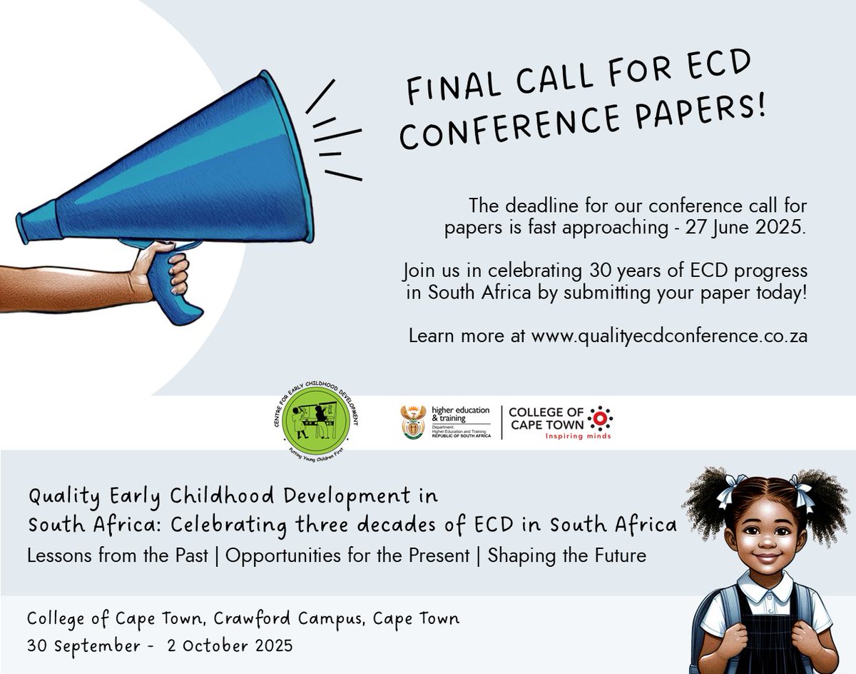 Centre for ECD (@cecd_online) on Twitter photo The deadline for our call for conference papers is fast approaching: Friday, 27 June 2025📷
You can submit your abstract here: forms.gle/s1o9YWzru18iBb…
More information: qualityecdconference.co.za
We can't wait to hear from you!
#ECD #Conference #ECDconference #CallForPapers The deadline for our call for conference papers is fast approaching: Friday, 27 June 2025📷
You can submit your abstract here: forms.gle/s1o9YWzru18iBb…
More information: qualityecdconference.co.za
We can't wait to hear from you!
#ECD #Conference #ECDconference #CallForPapers