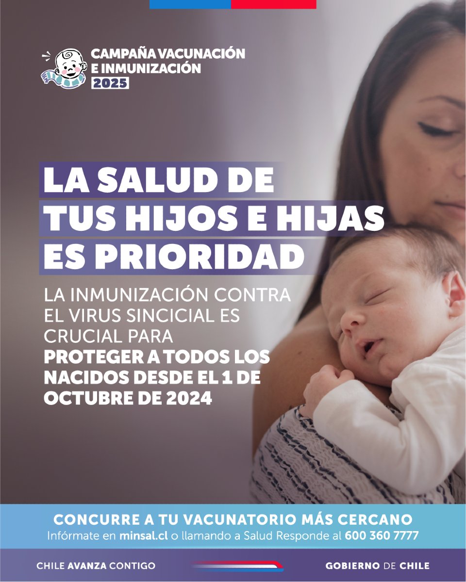 👶La circulación de virus respiratorio sincicial sigue al alza, por ello es muy importante proteger a tu bebé lo antes posible con el anticuerpo monoclonal.
Si tu hijo o hija nació desde el 1 de octubre de 2024.
¡Inmunízalo ahora!

📍Revisa los puntos  en  mevacuno.cl