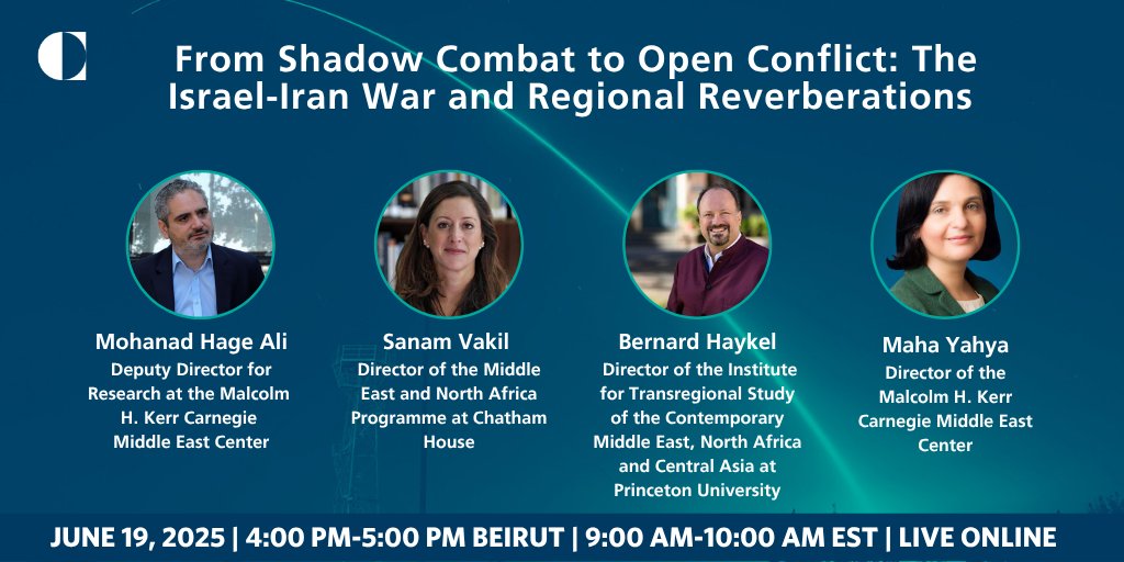 Malcolm H. Kerr Carnegie Middle East Center (@carnegiemec) on Twitter photo 🔔Live now
From Shadow Combat to Open Conflict: The Israel-Iran War and Regional Reverberations
Join us for a panel discussion with <a href="/mahamyahya/">Maha Yahya</a>, <a href="/MohanadHageAli/">Mohanad Hage Ali ~ مهند الحاج علي</a>, Bernard Haykel and <a href="/SanamVakil/">Sanam Vakil صنم وكىل</a>.
🗓️June 19
📷4:00-5:00 PM Beirut time
📺Tune in: carnegieendowment.org/events/2025/06… 🔔Live now
From Shadow Combat to Open Conflict: The Israel-Iran War and Regional Reverberations
Join us for a panel discussion with <a href="/mahamyahya/">Maha Yahya</a>, <a href="/MohanadHageAli/">Mohanad Hage Ali ~ مهند الحاج علي</a>, Bernard Haykel and <a href="/SanamVakil/">Sanam Vakil صنم وكىل</a>.
🗓️June 19
📷4:00-5:00 PM Beirut time
📺Tune in: carnegieendowment.org/events/2025/06…