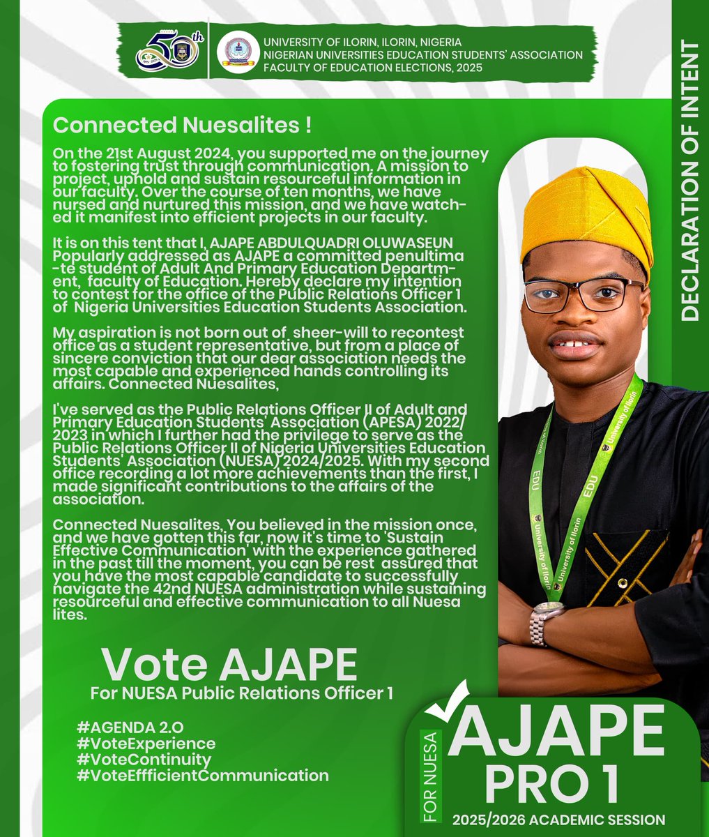 AjapeQuadri's tweet photo. 🔥 FRESH !
AJAPE..... Declares ✅
🗳️ VOTE AJAPE FOR NUESA-PRO 1🗣️🎙️
🗳️ VOTE AJAPE FOR NUESA-PRO 1🗣️🎙️
🗳️ VOTE AJAPE FOR NUESA-PRO 1🗣️🎙️
#Votecontinuity✅
#Voteexperience ✅
#Voteeffectiveness✅
Sustaining Effective Communication… https://t.co/WGZopYRwtl