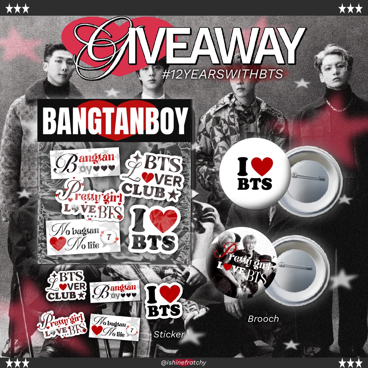 🎱pls kindly RT 
  Giveaway #BTS12thAnniversary ♥️

★Only 10 set
         Brooch 2 ea
         Sticker 5 ea

gg form : 30/06/2025 | 20:00 pm
! Shipping 40฿

#BTS12thAnniversary
#12YearsWithBTS