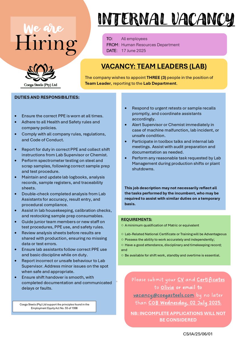 NMU_CareerServ's tweet photo. 📷 Job Opportunity!
Are you ready to lead with precision and purpose? Coega Steels is looking for 3 Lab Team Leaders to join their dynamic team.
📷 Apply by 02 July 2025
📷 Send your CV to: vacancy@coegasteels.com
#JobAlert #LabLeader #CoegaSteels #NowHiring https://t.co/x7cLe56ZAh