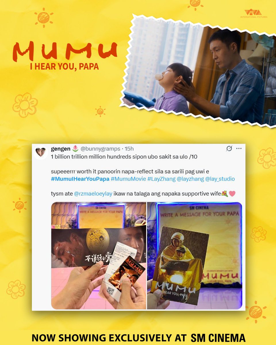 VIVA_Intl's tweet photo. #MumuMovie hangover: maga mata, sipon, sakit ng ulo. 

Don't miss ‘MUMU I Hear You Papa’ Now Showing Exclusively at SM Cinema.

#MumuIHearYouPapa #LayZhang https://t.co/izknmYtvkq