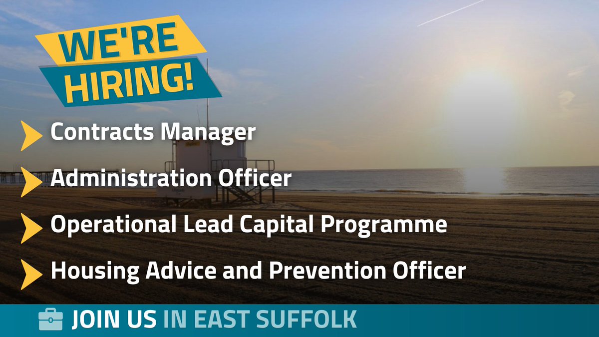 We currently have four opportunities to join our team:

Contracts Manager (Warm Homes Wave 3)
Administration Officer (Warm Homes Wave 3)
Operational Lead - Capital Programme
Housing Advice and Prevention Officer 

Apply now: bit.ly/east-suffolk-c…

#JoinEastSuffolk