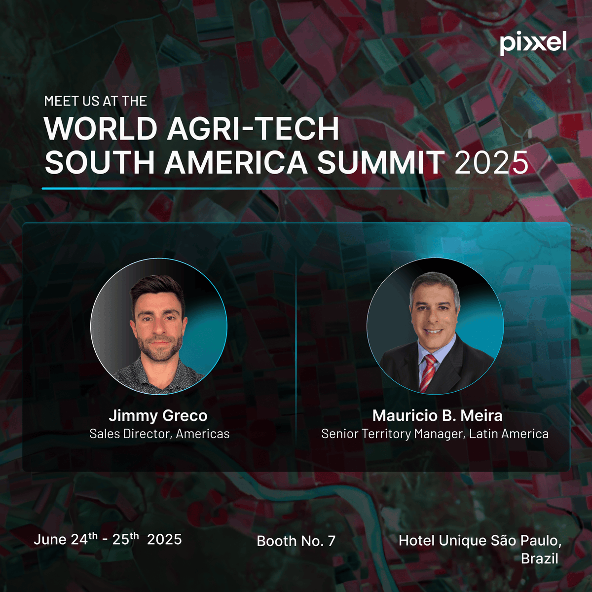 PixxelSpace's tweet image. Pixxel is heading to the World AgriTech South America Summit in São Paulo on June 24–25!
Catch up with our team at Booth No. 7 to explore how Pixxel’s hyperspectral satellite technology is transforming agriculture across the globe — from crop optimisation and early disease…