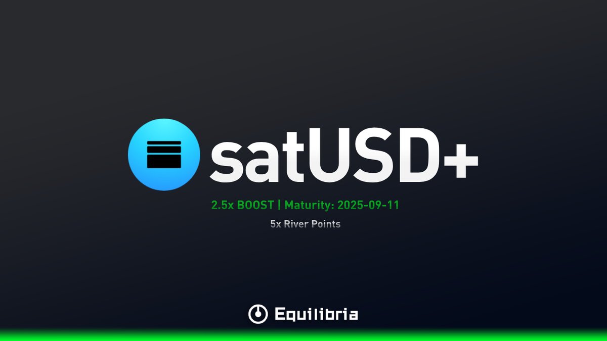 Not later. Not elsewhere. It’s live now — and it’s flowing your way. <a href="/RiverdotInc/">River</a>'s satUSD+ Pendle Boosted Market just launched on Equilibria!

satUSD+ is the staking version of satUSD — passively earning from CDP minting, redemption, and liquidation fees, while staying fully