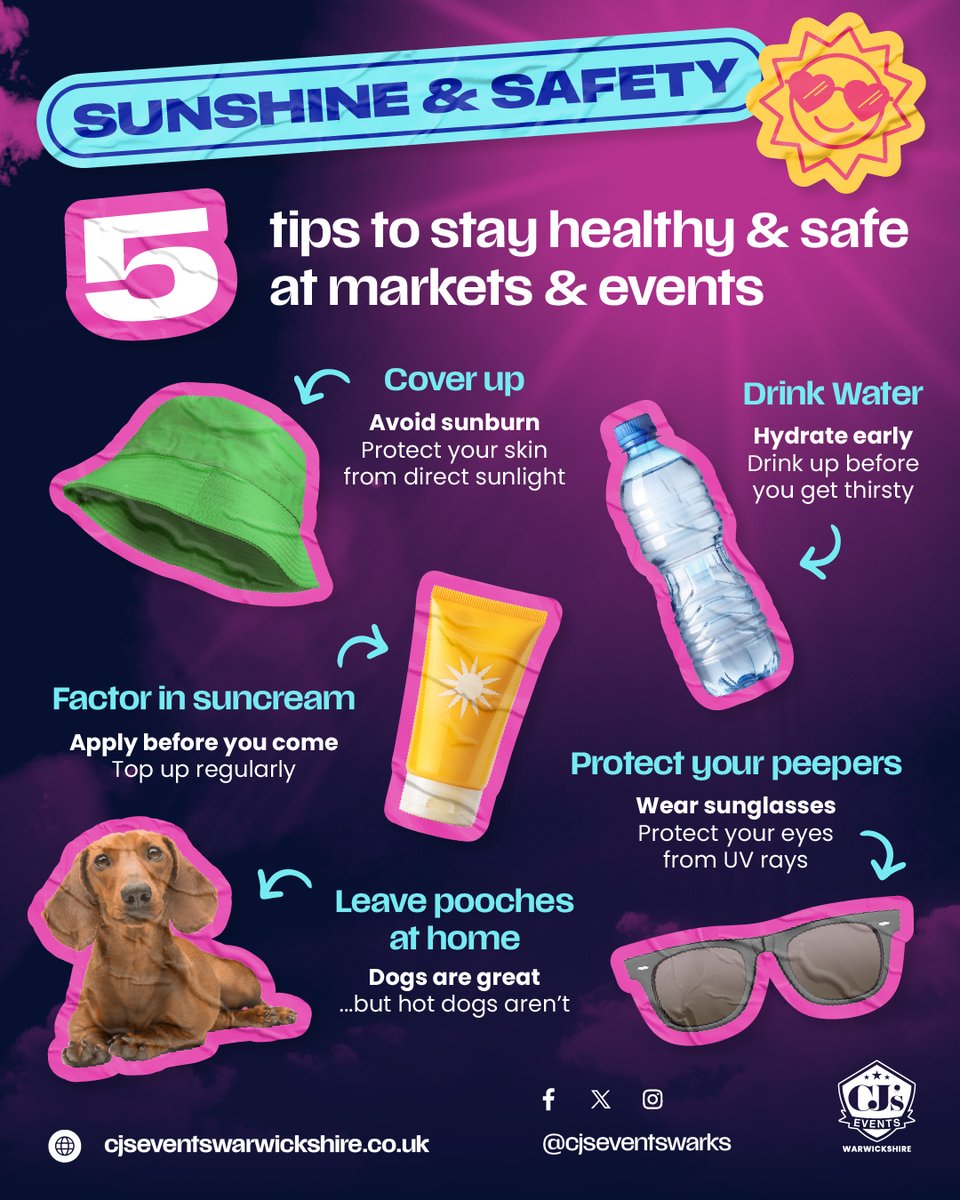 cjseventswarks's tweet image. ☀️ Temperatures are rising! If you’re visiting one of our markets in the coming days, here are some top tips…

Enjoy the sunshine safely! 🌞🛍️ 

#MarketDay #HeatwaveTips