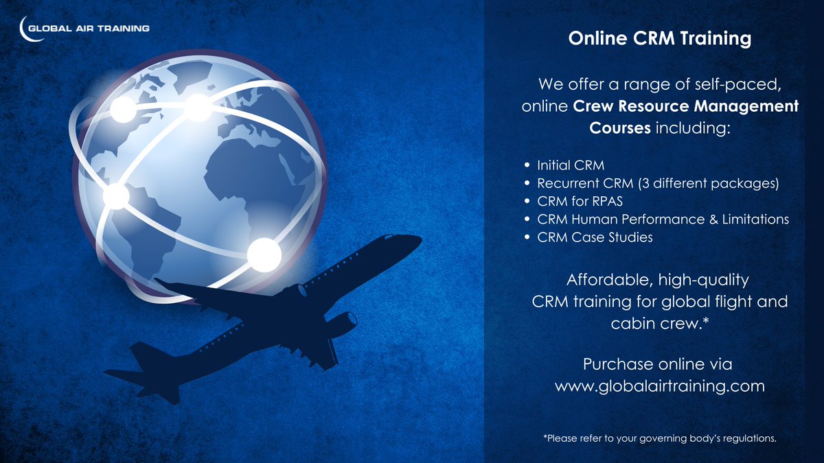 Online CRM Training – Self-paced &amp; global!

✈️ Initial CRM
✈️ Recurrent CRM (3 options)
✈️CRM for RPAS
✈️ Human Performance &amp; Limitations
✈️ CRM Case Studies

 Purchase online: globalairtraining.com

#CRMTraining #AviationTraining #CabinCrew #FlightCrew #RPAS