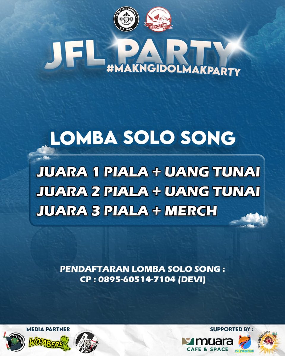 📢 Yuk merapat ke JFL PARTY! #MakNgidolMakParty
Ngidol seru bareng JKT48 Fans Lampung! 😆
🎲 Board games seru
🎤 Karaoke &amp; Lomba Solo Song
✨ Perform spesial dari DDC48 &amp; BD1!

🗓️ Minggu, 6 Juli 2025
🕒 15.30 sampe dicariin oshi
📍 Muara Cafe &amp; Space
💸 GRATIS!
