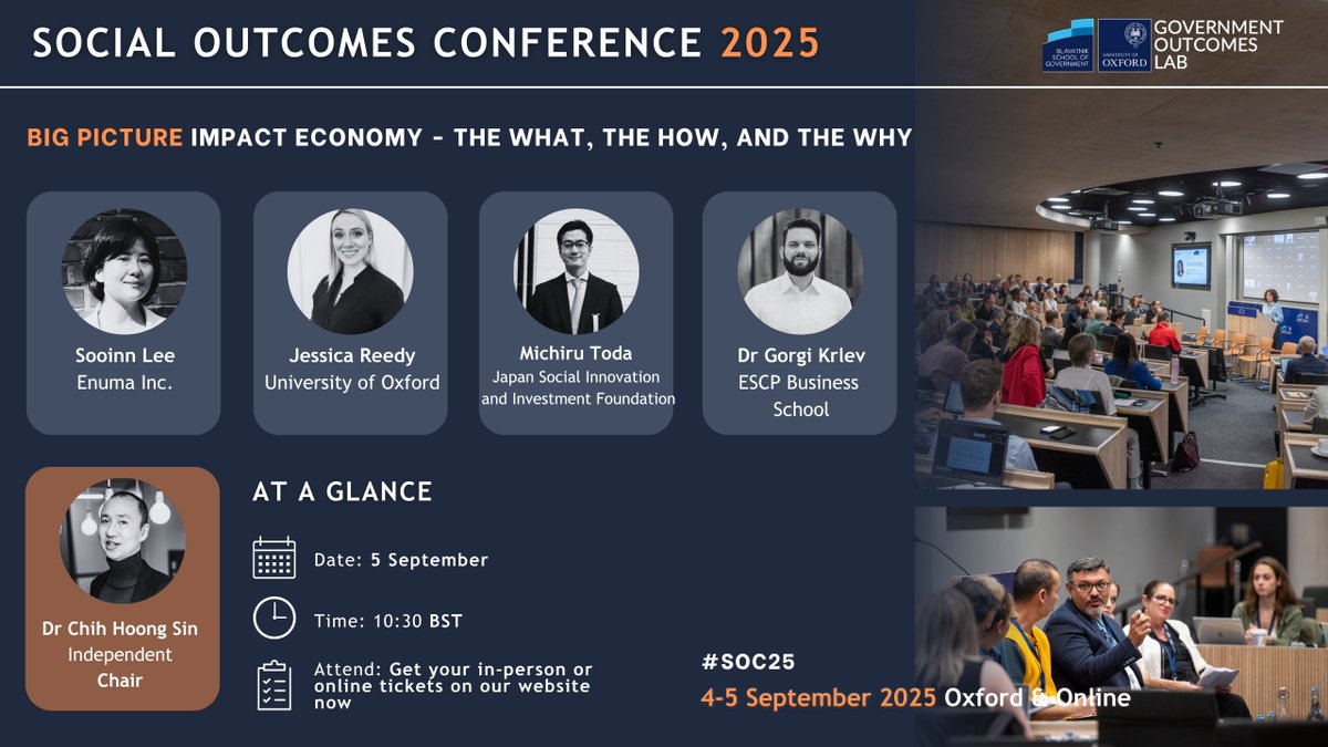 Government Outcomes Lab (@golaboxford) on Twitter photo 📢The What, The How, and The Why of Impact Economy at #SOC25!
Featuring experts from <a href="/EnumaApps/">Enuma</a>, <a href="/UniofOxford/">University of Oxford</a>, <a href="/ESCP_bs/">ESCP Business School</a> <a href="/hopeoz/">Sooinn Lee</a> <a href="/TodaMichiru/">Michiru Toda</a> <a href="/gorgikrlev/">Gorgi Krlev</a> <a href="/OutcomesChih/">Dr Chih Hoong Sin</a>
🎫 Book your tickets NOW: lnkd.in/dAqUXTcf
➡️Programme: lnkd.in/eDhetPNh 📢The What, The How, and The Why of Impact Economy at #SOC25!
Featuring experts from <a href="/EnumaApps/">Enuma</a>, <a href="/UniofOxford/">University of Oxford</a>, <a href="/ESCP_bs/">ESCP Business School</a> <a href="/hopeoz/">Sooinn Lee</a> <a href="/TodaMichiru/">Michiru Toda</a> <a href="/gorgikrlev/">Gorgi Krlev</a> <a href="/OutcomesChih/">Dr Chih Hoong Sin</a>
🎫 Book your tickets NOW: lnkd.in/dAqUXTcf
➡️Programme: lnkd.in/eDhetPNh