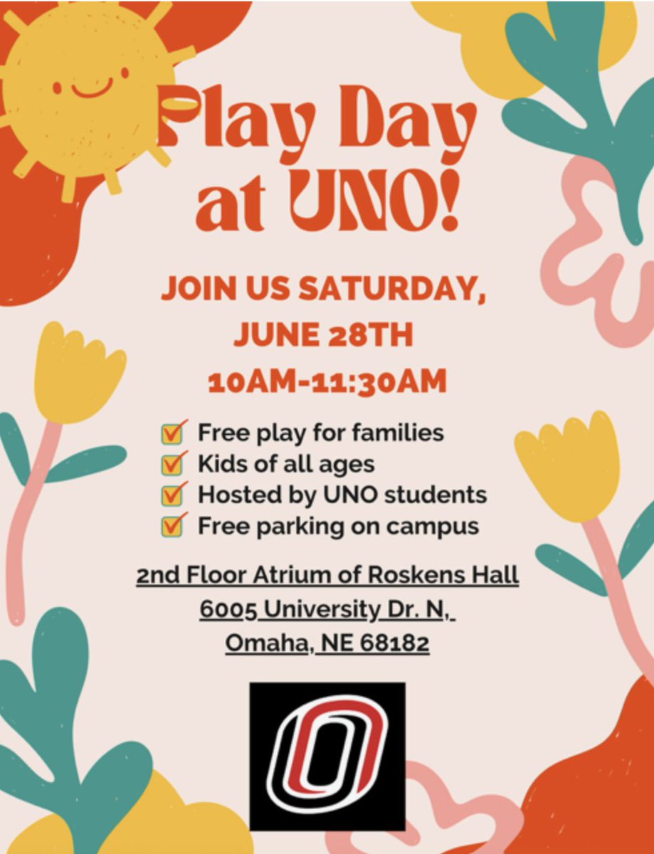 UNOCEHHS's tweet image. ☀️ Join us for Play Day, a free community event hosted by UNO education students on Saturday, June 28, from 10–11:30 a.m. in Roskens Hall. Families can explore the art and science of play-based learning with current and future educators. Kids of ages are welcome!