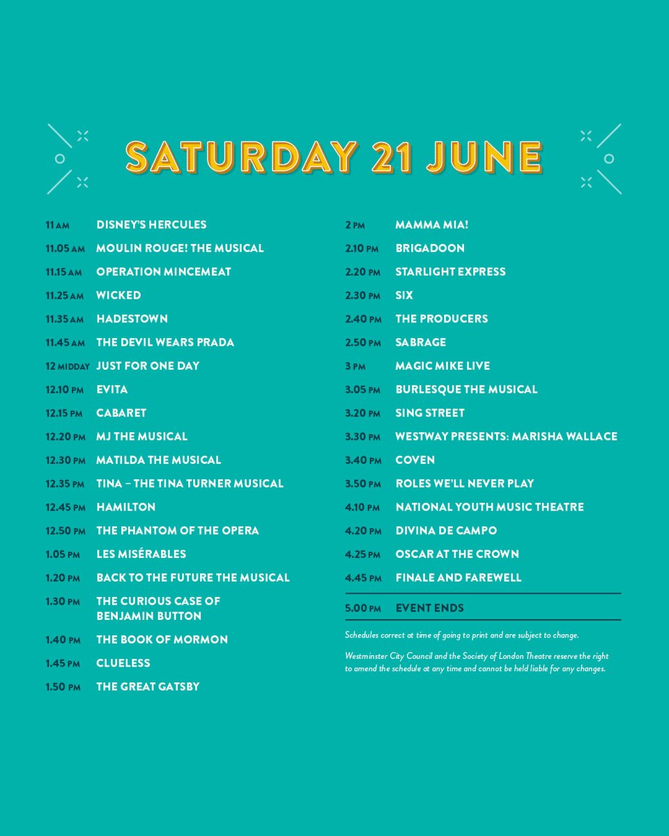 DMTWestEnd's tweet image. Come see the best of the West End this weekend at West End Live including ALL of our musicals!
Saturday 22 June
12:20pm - MJ The Musical
12:45pm - Hamilton
1:05pm - Les Misérables
1:40pm - The Book of Mormon
2pm - MAMMA MIA!
Sunday 22 June
12:50pm - Oliver!