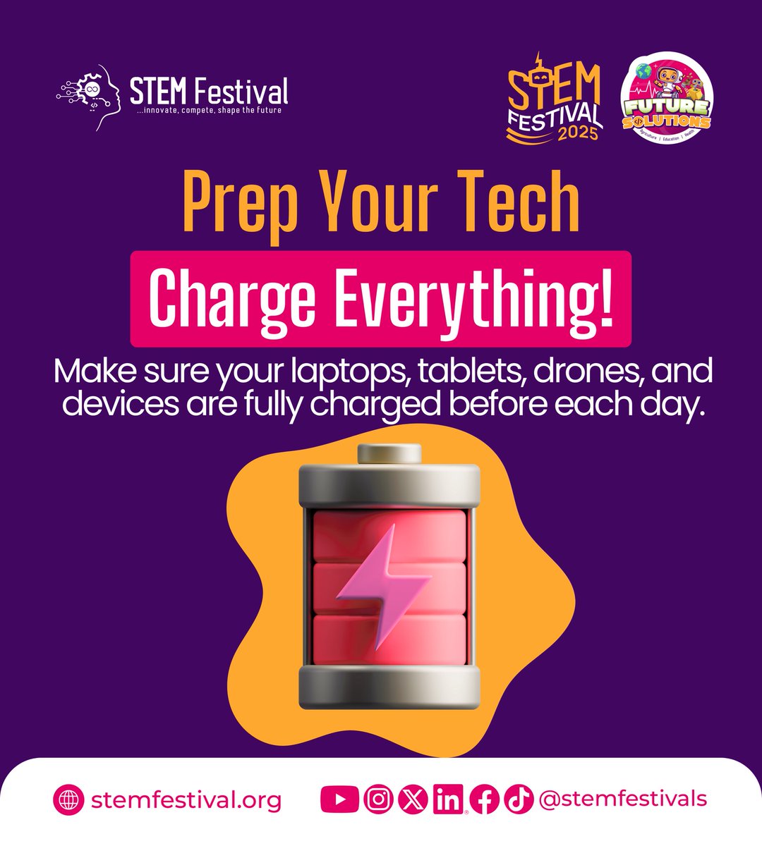 stemfestivals's tweet image. Gearing up for STEM Festival 2025? Let’s get you READY! 

From what to pack to how to maximize your experience, here are smart tips to help you show up prepared, focused, and ready to make your mark. 

Swipe through for your Festival Prep Checklist 👇

#STEMFestival2025 #STEMTips