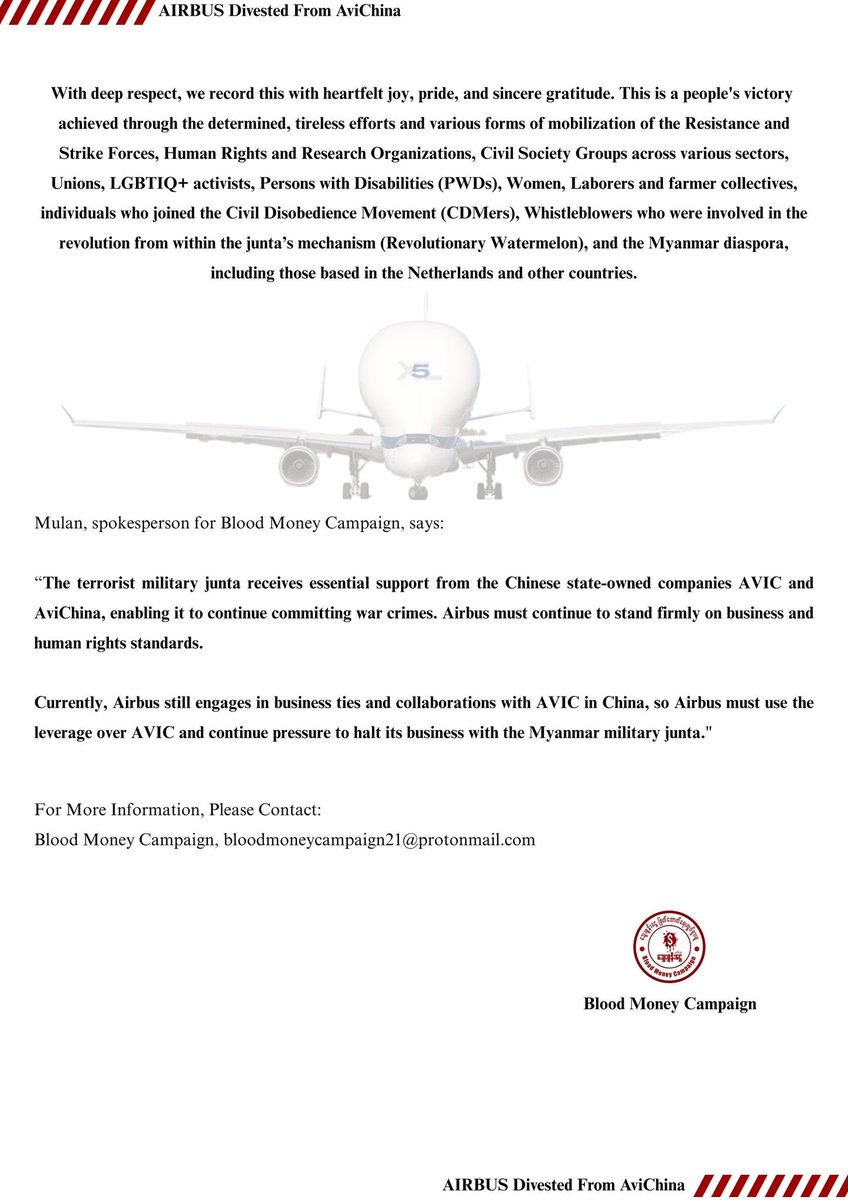 📣📣 Press Release: 

A Strong Welcome to Airbus SE, the European Aerospace Company, for Divesting from AviChina, China's State-Owned Company Military Aircraft Manufacturer

PDF file download:
drive.google.com/file/d/101zByg…

#AirBus2AirStrikes #Airbusted 
#AVIC #WhatsHappeningInMyanmar