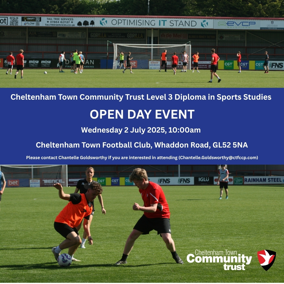 Cheltenham Town Community Trust (@ctfccommunity) on Twitter photo 🎓 Finishing GCSEs & love sport? Join our FREE Taster Day at Cheltenham Town FC on Wed 2 July, 10am! Tour the stadium, meet the team & try a football session.
Limited spaces!
📩 Chantelle.Goldsworthy@ctfccp.com
#CTCTEducation #SportsStudies 🎓 Finishing GCSEs & love sport? Join our FREE Taster Day at Cheltenham Town FC on Wed 2 July, 10am! Tour the stadium, meet the team & try a football session.
Limited spaces!
📩 Chantelle.Goldsworthy@ctfccp.com
#CTCTEducation #SportsStudies
