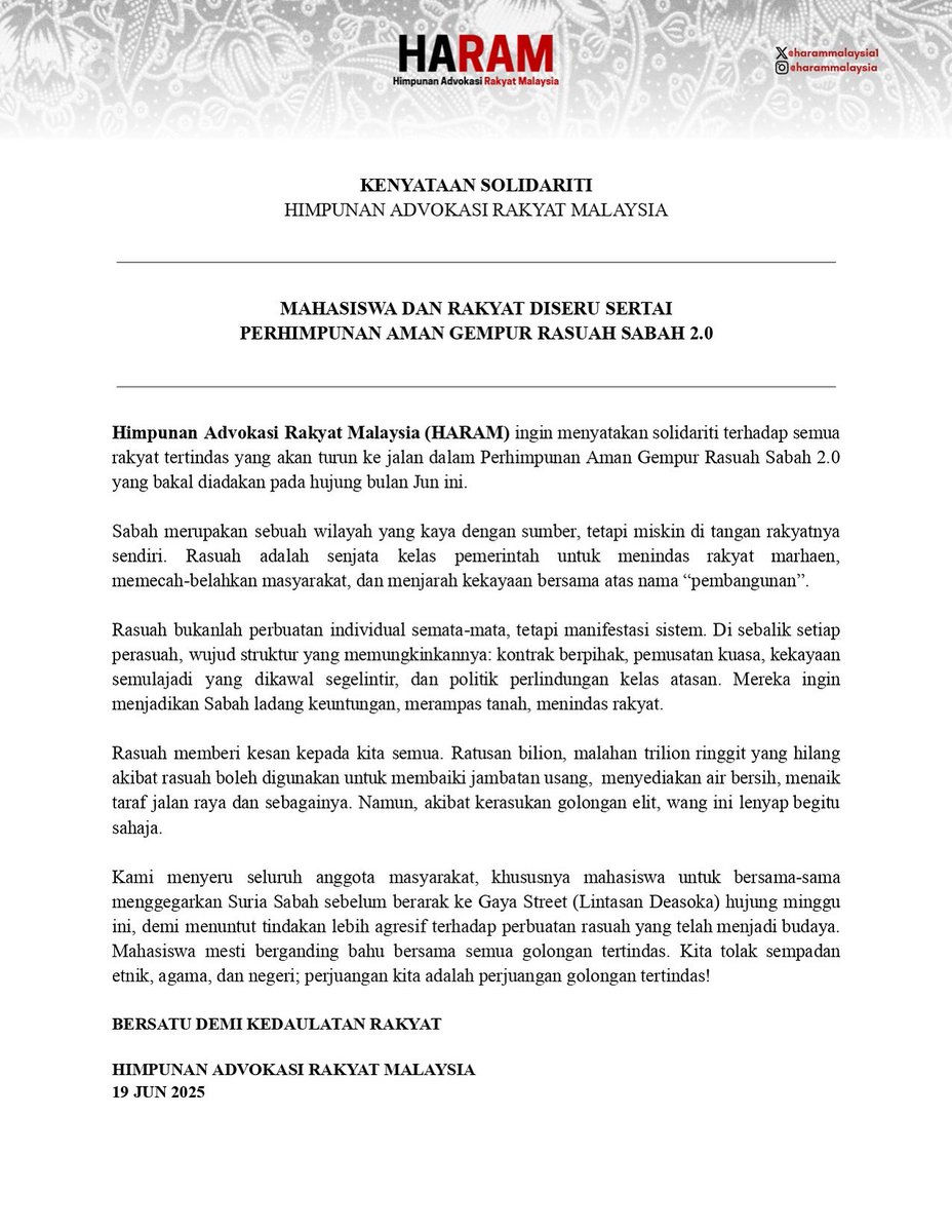 [KENYATAAN SOLIDARITI]

MAHASISWA DAN RAKYAT DISERU SERTAI PERHIMPUNAN AMAN GEMPUR RASUAH SABAH 2.0

#RakyatBenciRasuah 
#gempurrasuahsabah