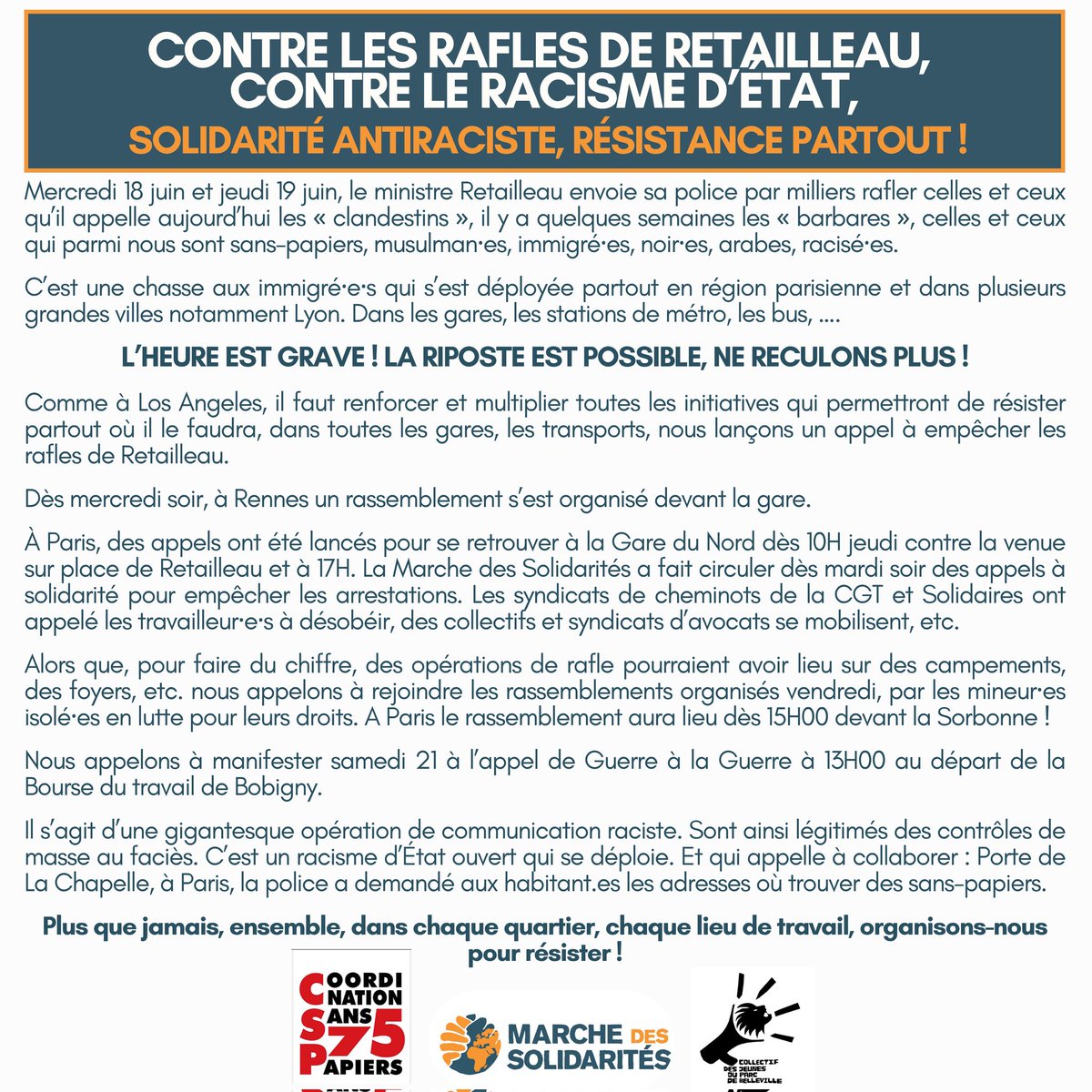 Contre les rafles de Retailleau, contre le racisme d’État : Solidarité antiraciste, résistance partout !
