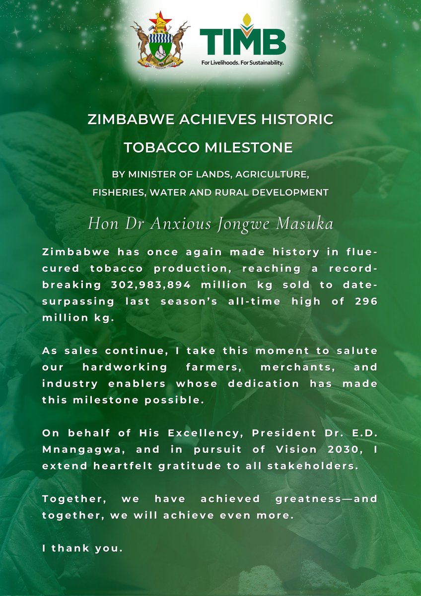 🇿🇼 🌱 Celebrating a Historic Milestone! Zimbabwe has made history in flue-cured tobacco production by reaching an incredible 302,983,894 kg sold, surpassing last season's record of 296 million kg! 

A huge thank you to our hardworking farmers, merchants, and industry supporters