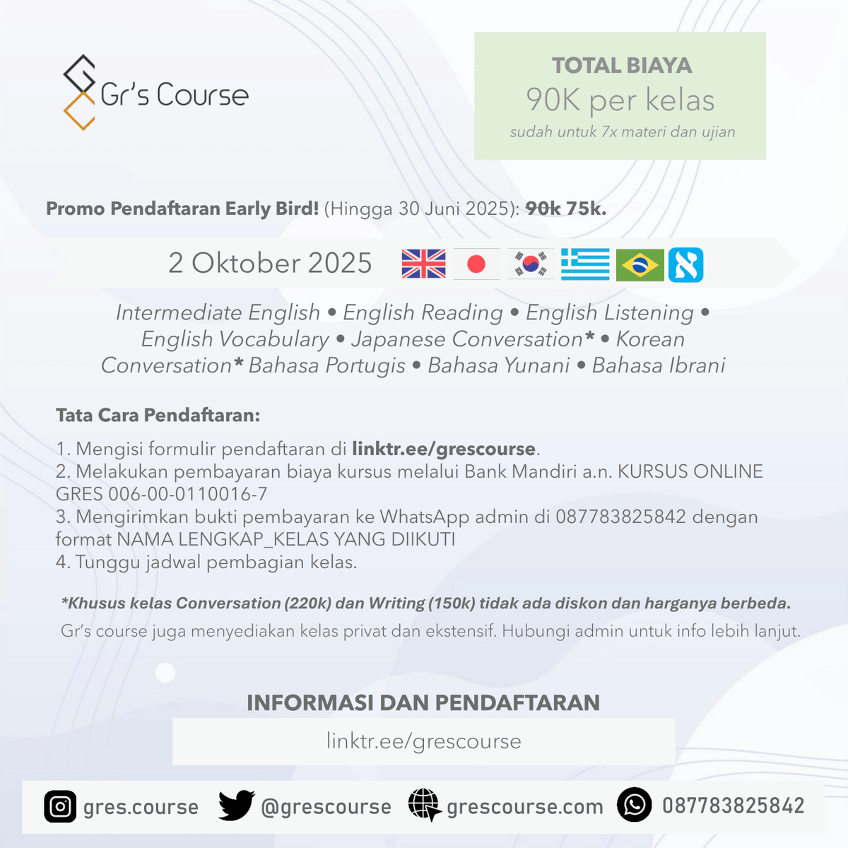 erlanishere's tweet photo. Kursus online 16 bahasa asing terjangkau cuma 90k buat 2 bulan belajar!
Belajar via Zoom + WAG.
Kelas yg dibuka: Inggris, Jerman, Belanda, Thailand, Spanyol, Arab, Korea, Jepang, Portugis, Ibrani, Yunani, Prancis, Italia, Mandarin, Rusia, Turki.
Daftar: https://t.co/EzRfG3f4cD https://t.co/nycQLSbivS
