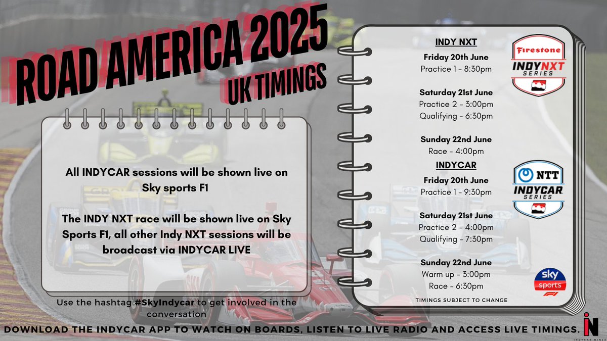 Nikki (@indycarninja) on Twitter photo 🚨🇬🇧 UK timings for <a href="/IndyCar/">NTT INDYCAR SERIES</a> and <a href="/INDYNXT/">INDY NXT by Firestone</a> at <a href="/roadamerica/">Road America</a> this weekend!
All #Indycar sessions will be on <a href="/SkySportsF1/">Sky Sports F1</a> this weekend.
#IndyNXT sessions are on Indycar LIVE with the race on Sky Sports F1
#SkyIndyCar 🚨🇬🇧 UK timings for <a href="/IndyCar/">NTT INDYCAR SERIES</a> and <a href="/INDYNXT/">INDY NXT by Firestone</a> at <a href="/roadamerica/">Road America</a> this weekend!
All #Indycar sessions will be on <a href="/SkySportsF1/">Sky Sports F1</a> this weekend.
#IndyNXT sessions are on Indycar LIVE with the race on Sky Sports F1
#SkyIndyCar