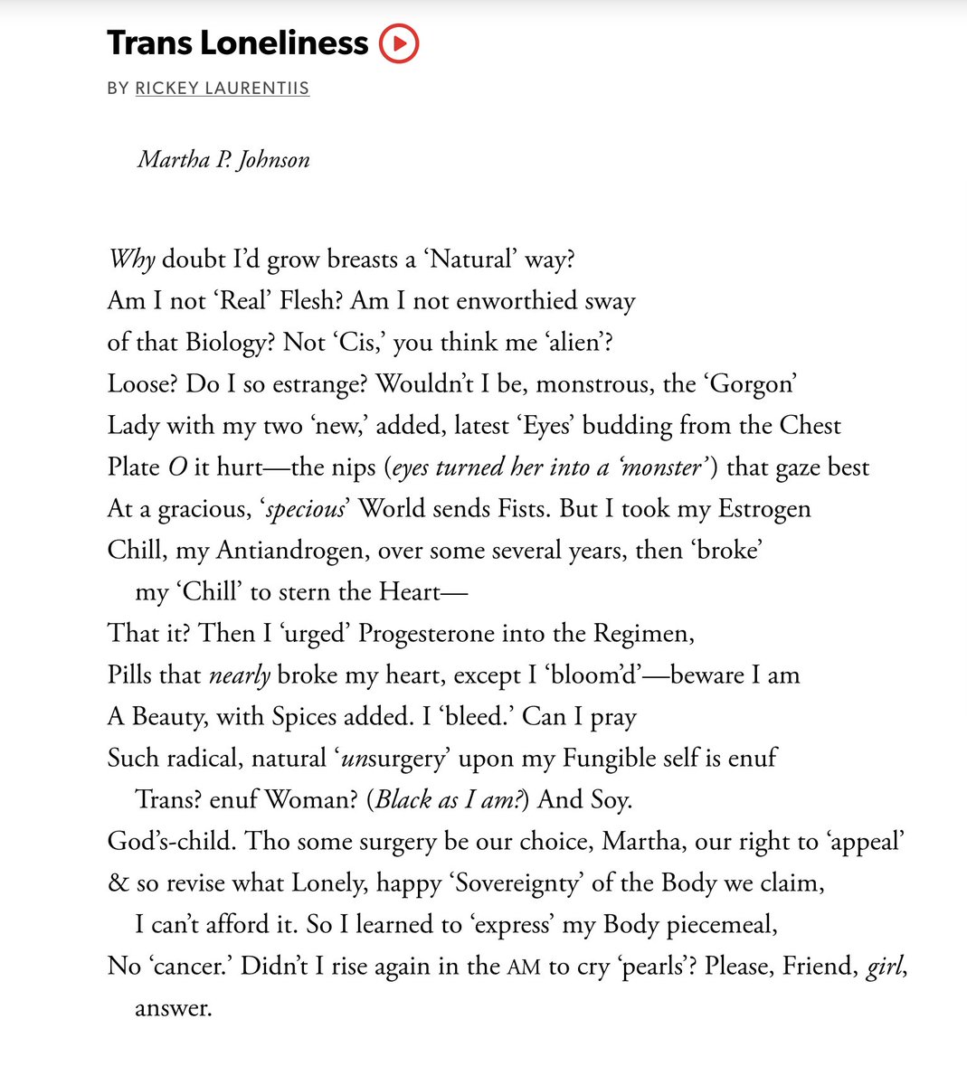 Nicole Caruso Garcia (@nicole_c_garcia) on Twitter photo 🏳️🌈🏳️⚧️Happy Pride Month. Here's a recent poem from Rickey Laurentiis <a href="/rckylrnts/">Key as in Rickey Laurentiis</a>, "Trans Loneliness." You can hear her read it at the link, & see her notes. 🏳️⚧️🏳️🌈
poetryfoundation.org/poetrymagazine…
#PrideMonth2025 #Pride2025 #pridemonth #Pride #poetry 🏳️🌈🏳️⚧️Happy Pride Month. Here's a recent poem from Rickey Laurentiis <a href="/rckylrnts/">Key as in Rickey Laurentiis</a>, "Trans Loneliness." You can hear her read it at the link, & see her notes. 🏳️⚧️🏳️🌈
poetryfoundation.org/poetrymagazine…
#PrideMonth2025 #Pride2025 #pridemonth #Pride #poetry