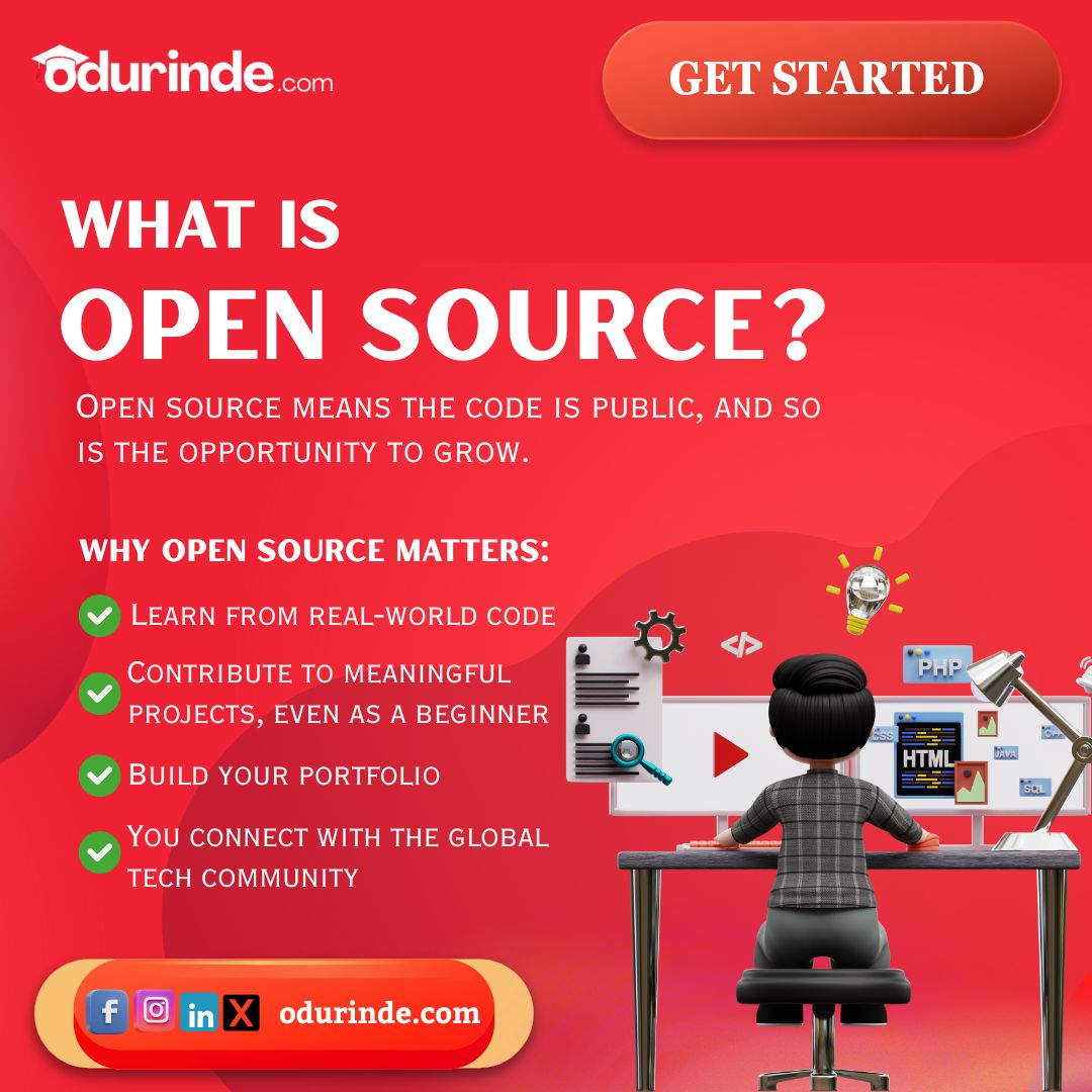 What is Open Source?

Open source means the code is public, anyone can view it, use it, and contribute to it.

Think of it as collaborative coding for the world.

Want to build skills to join open source projects?
Start here: odurinde.com
#OpenSource101 #LearnToCode