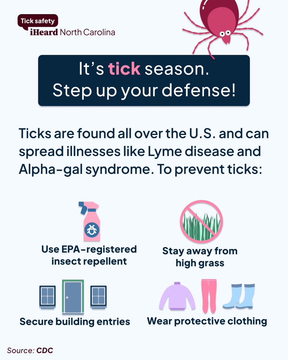 Always do a tick check after being outdoors. If you find a tick, remove it with tweezers. Learn more: cdc.gov/ticks/about/in… 
 
#iHeardNC #TickSeason #TickSafety