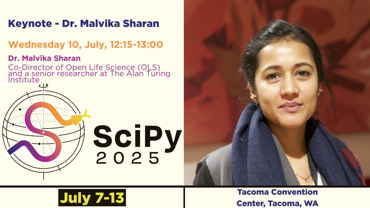 🔥 Meet our Keynote Speakers for #SciPy2025! 

Dr Malvika Sharan, co-Director of Open Life Science (OLS) and a senior researcher at The Alan Turing Institute will be sharing with us her expertise at our favorite conference.

You can't miss her ➡️ hubs.la/Q03sdlsb0