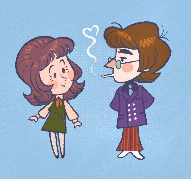 [OC] So there's this time period called the Swinging Sixties...

Meet Shirley and Trevor!! I've been LONG overdue to post these two. Finally I have some late 60's peacock Mod characters 🛵