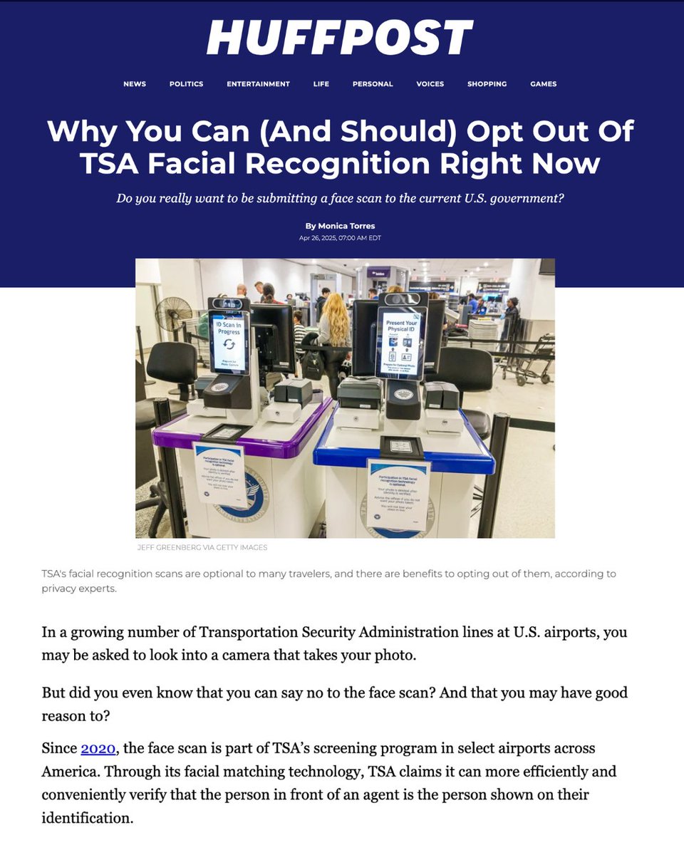 AJLUnited's tweet image. 🚨You have the #RightToRefuse a TSA face scan at the airport.
We've been saying it, and our message is spreading! Check out this @HuffPost article by @monicatorrr informing travelers of their rights when it comes to @TSA airport face scans.
📩Read the entire article ➡️…