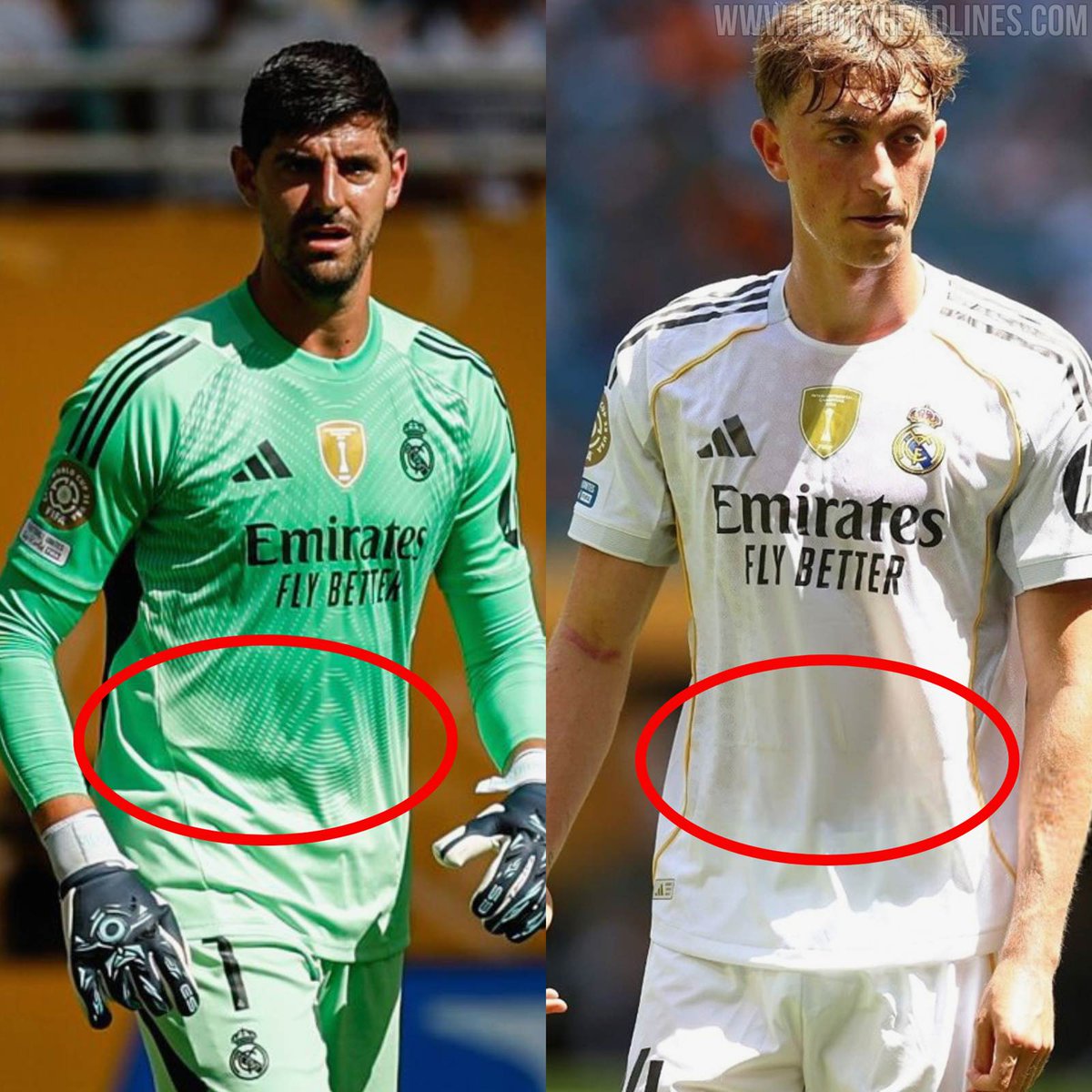 🥵🥵 Crucially, this line is not just a photoshoot artifact. It remains visible during matches, as seen on both Thibaut Courtois' goalkeeper jersey and the outfield players' home kits.